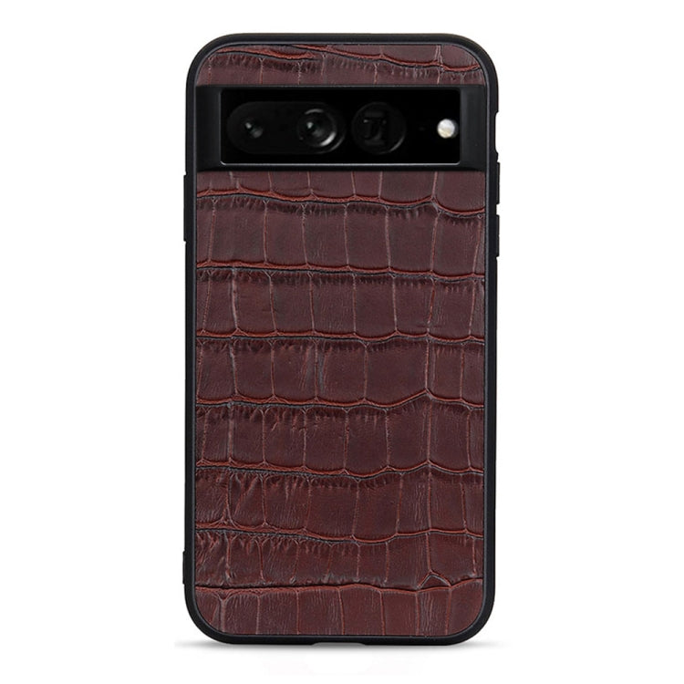 Genuine leather phone case with crocodile texture, dark brown finish, camera cutouts