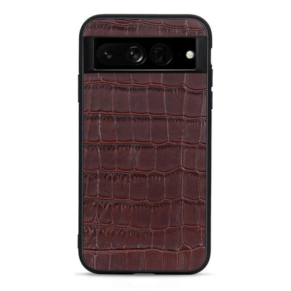 Genuine leather phone case with crocodile texture, dark brown finish, camera cutouts