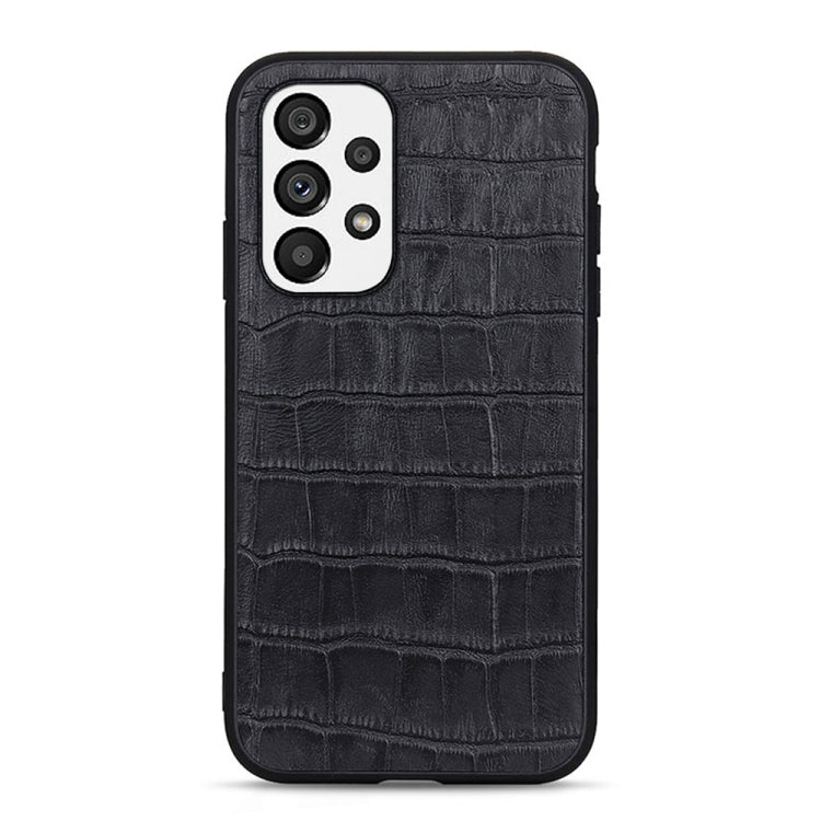 Genuine leather phone case with crocodile texture, black finish, camera cutouts