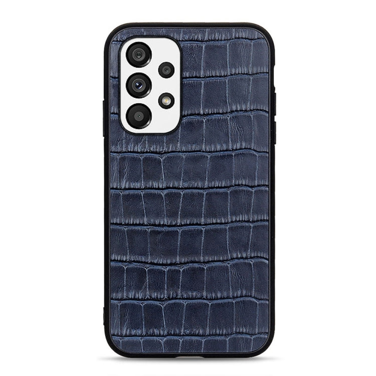 Blue crocodile leather phone case with camera cutouts and side openings