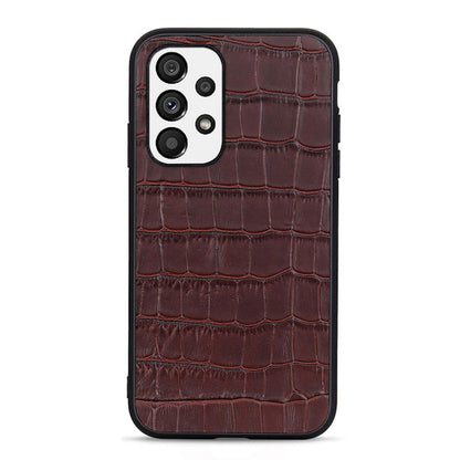 Dark brown crocodile leather phone case with camera cutouts and side openings