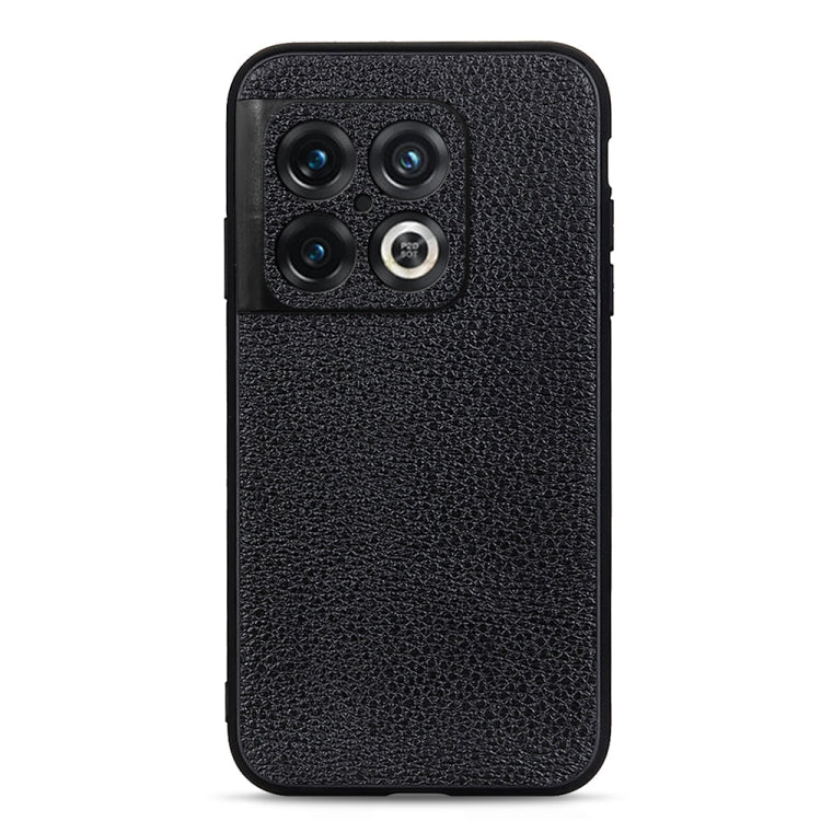 Black genuine leather phone case with textured litchi pattern and camera cutouts