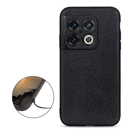 Black genuine leather phone case with textured litchi pattern and zoom-in detail