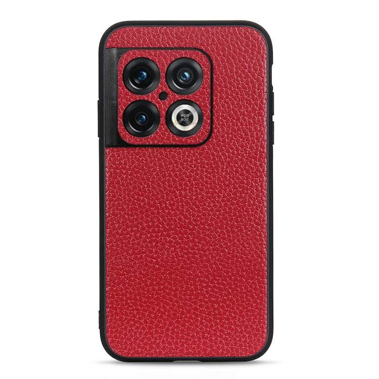 Red genuine leather phone case with textured litchi pattern and camera cutouts