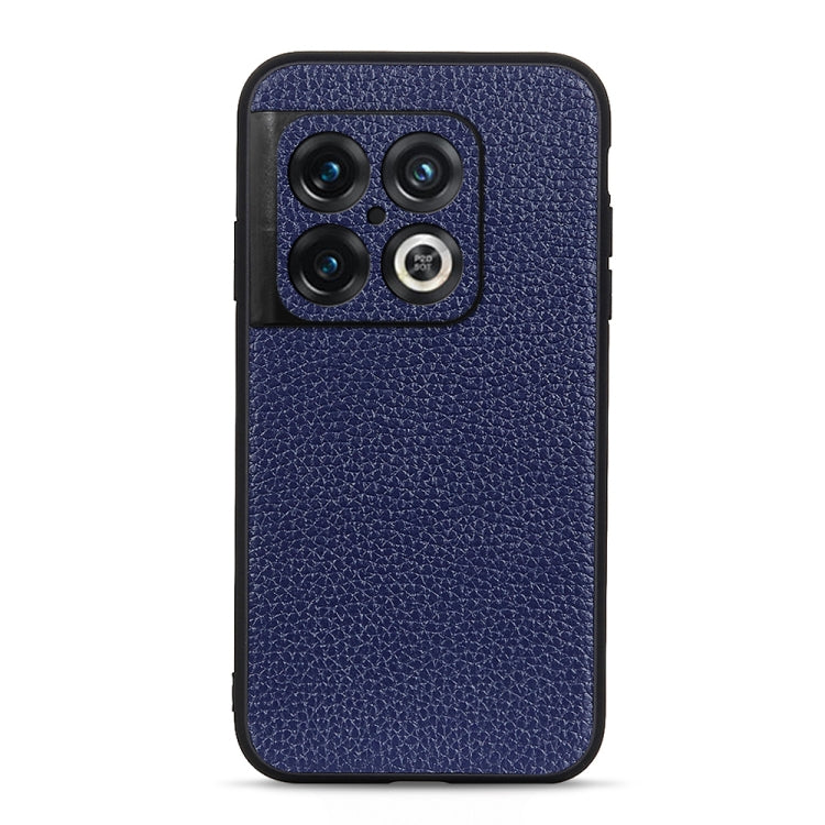 Blue genuine leather phone case with textured litchi pattern and camera cutouts