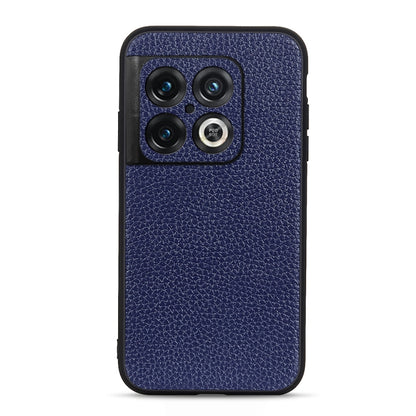 Blue genuine leather phone case with textured litchi pattern and camera cutouts