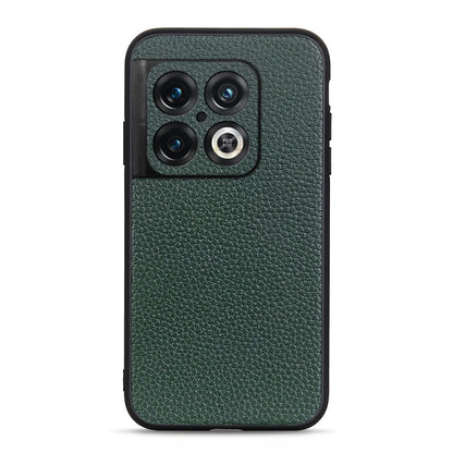 Green genuine leather phone case with textured litchi pattern and camera cutouts