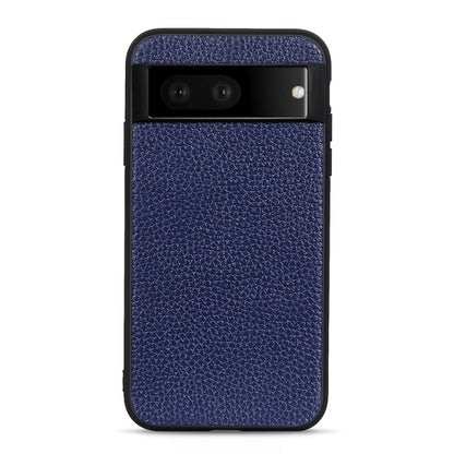 Blue genuine leather phone case with textured finish and rear camera openings