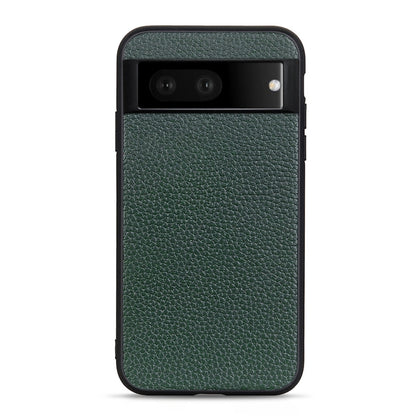 Green genuine leather phone case with litchi textured finish and cutouts for camera and ports