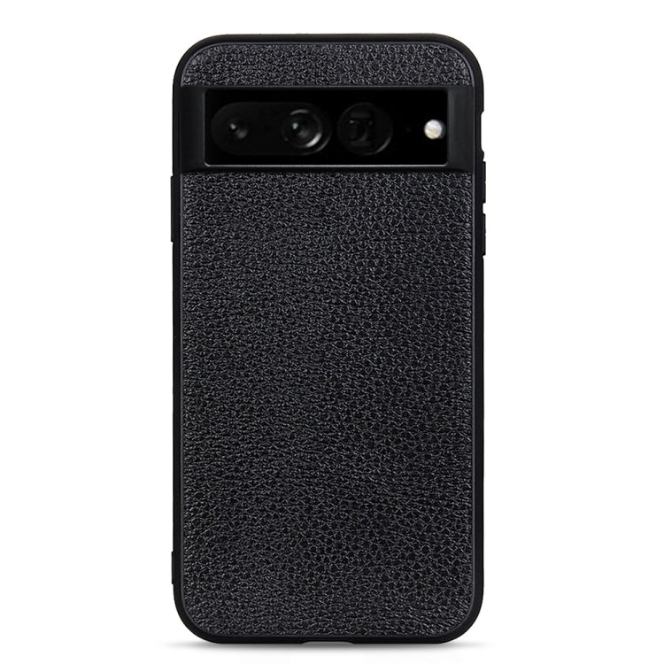 Black genuine leather phone case with litchi textured finish and camera and port cutouts