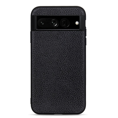 Black genuine leather phone case with litchi textured finish and camera and port cutouts