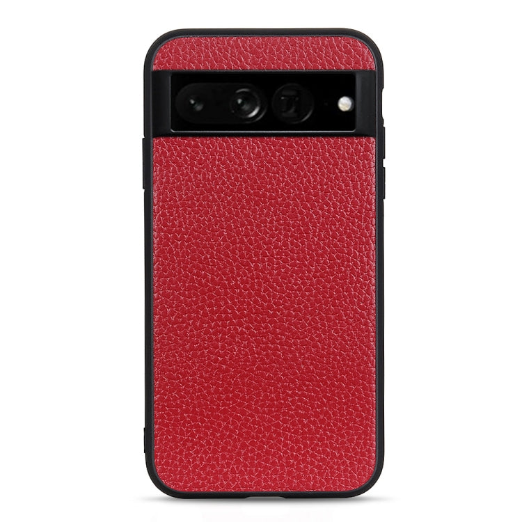 Red genuine leather phone case with litchi textured finish and cutouts for camera and ports