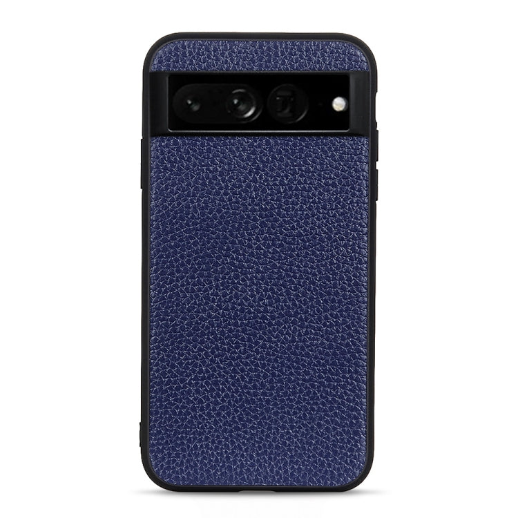 Blue genuine leather phone case with litchi textured finish and camera and port cutouts
