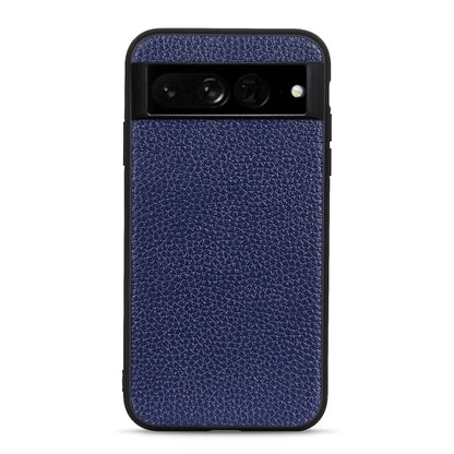 Blue genuine leather phone case with litchi textured finish and camera and port cutouts