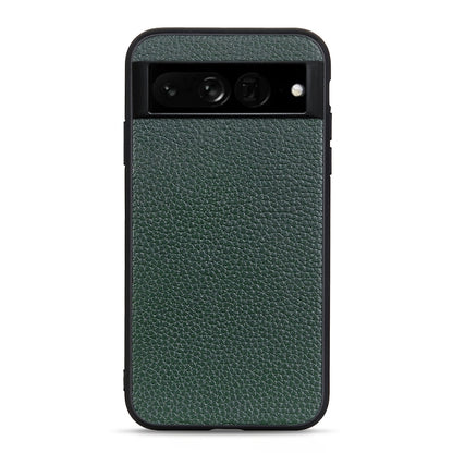 Green genuine leather phone case with litchi textured finish and cutouts for camera and ports