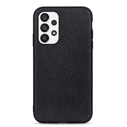 Black genuine leather phone case with litchi textured finish and camera cutout detail
