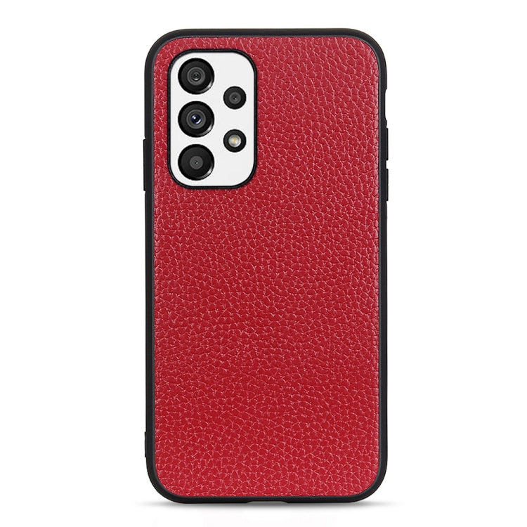 Red genuine leather phone case with litchi textured finish and camera cutout detail