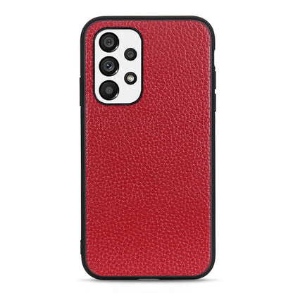 Red genuine leather phone case with litchi textured finish and camera cutout detail