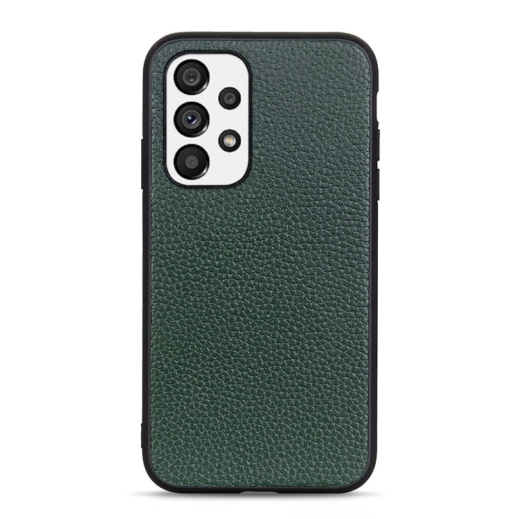 Green genuine leather phone case with litchi textured finish and camera cutout detail