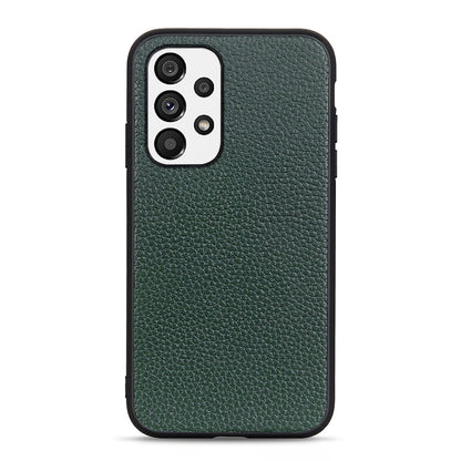 Green genuine leather phone case with litchi textured finish and camera cutout detail