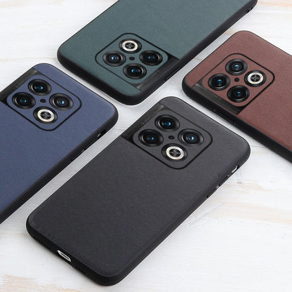 Leather phone case set in blue, green, black, and brown with camera cutouts.