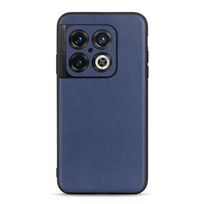 Blue leather phone case with textured finish and camera cutouts.