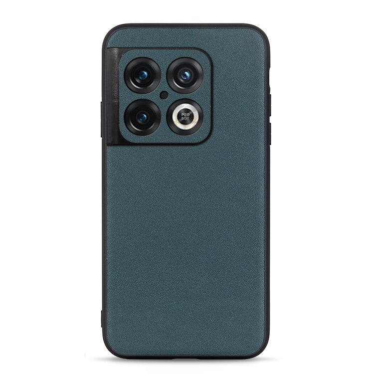Green leather phone case with textured finish and camera cutouts.