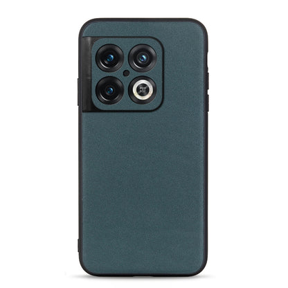 Green leather phone case with textured finish and camera cutouts.