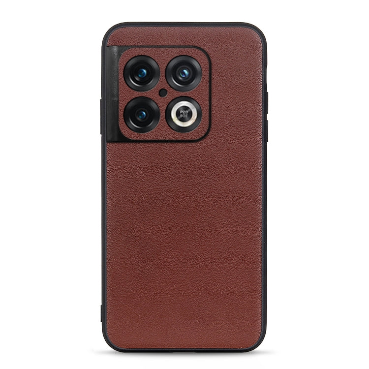 Brown leather phone case with textured finish and camera cutouts.