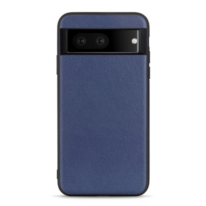 Blue leather phone case with camera bar cutout and side opening.