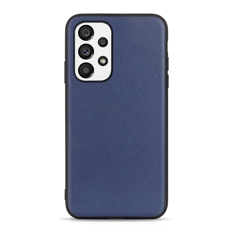 Blue lambskin leather phone case with raised camera area and cutouts