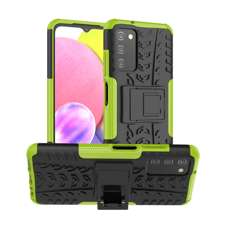 Green tire-texture TPU/PC phone case with built-in holder kickstand