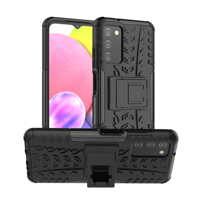 Black tire-texture TPU/PC phone case with built-in holder kickstand