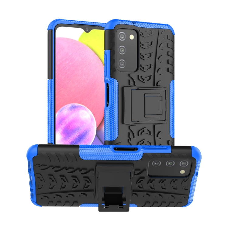Blue tire-texture phone case with built-in holder and raised camera cover