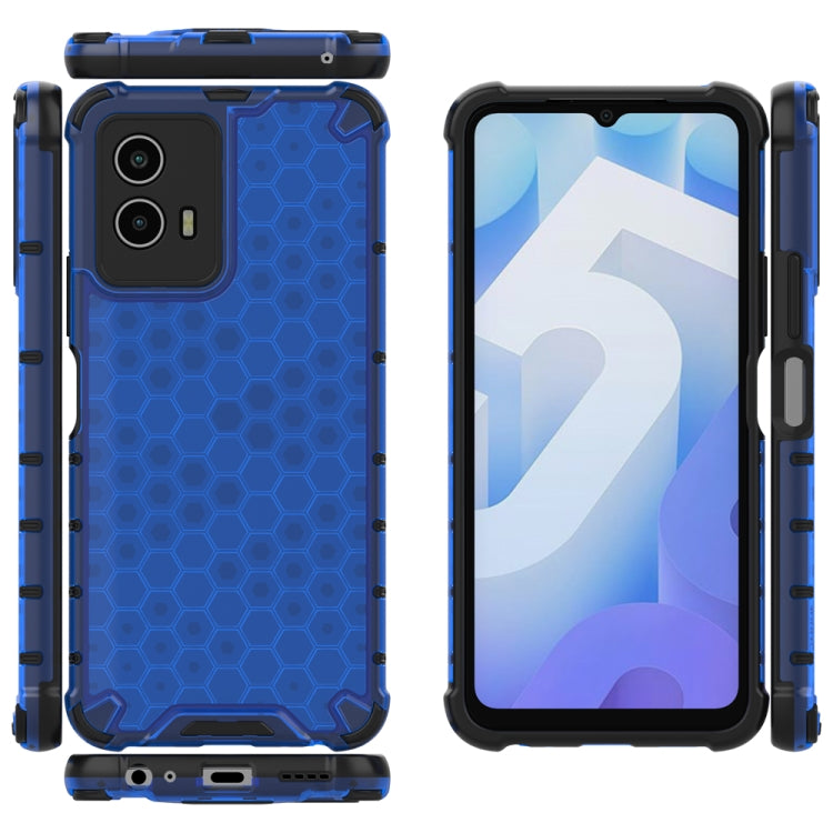 Blue honeycomb shockproof phone case, front screen and back camera view with port cutouts