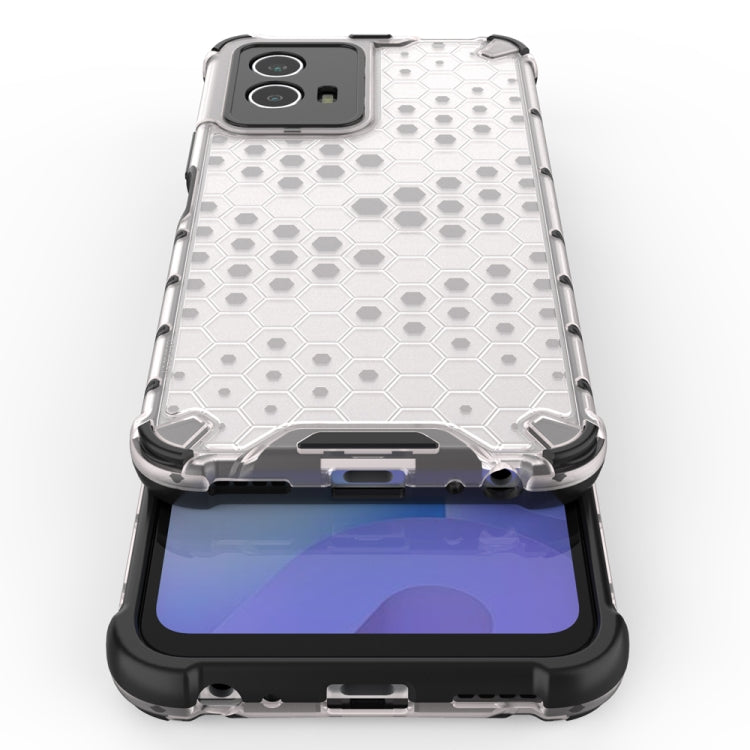 White honeycomb shockproof phone case with raised frame and camera cutouts