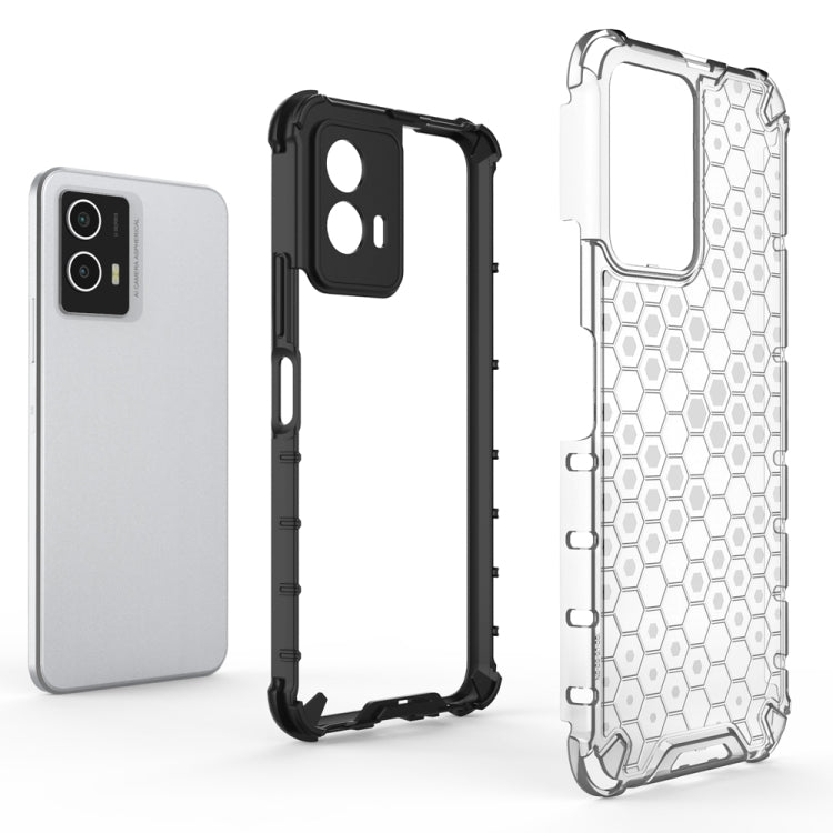 Shockproof phone case display: white back, black bumper, and clear honeycomb TPU