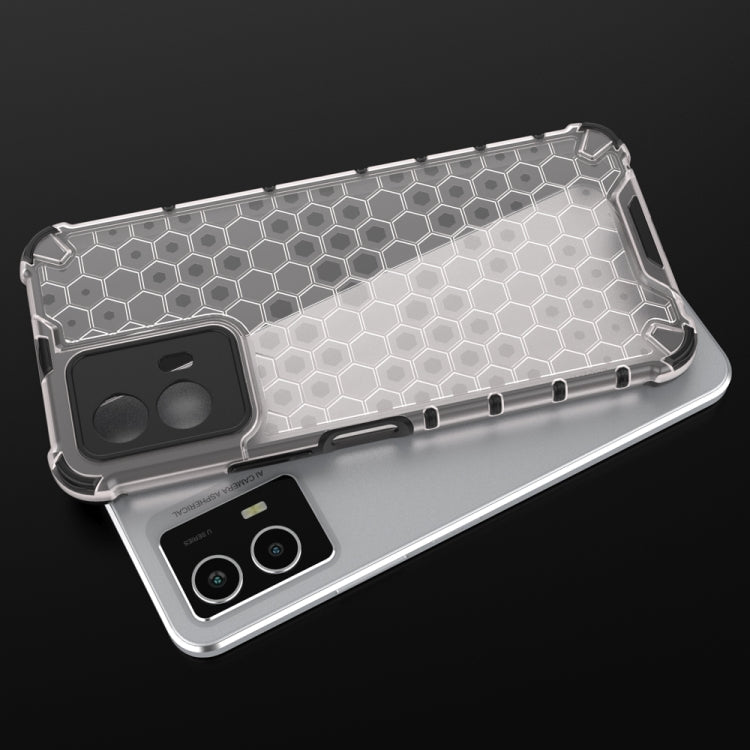 Clear/gray shockproof phone case with hex honeycomb pattern and raised lip