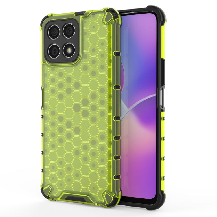 Shockproof honeycomb phone case in green PC+TPU with raised corner protection