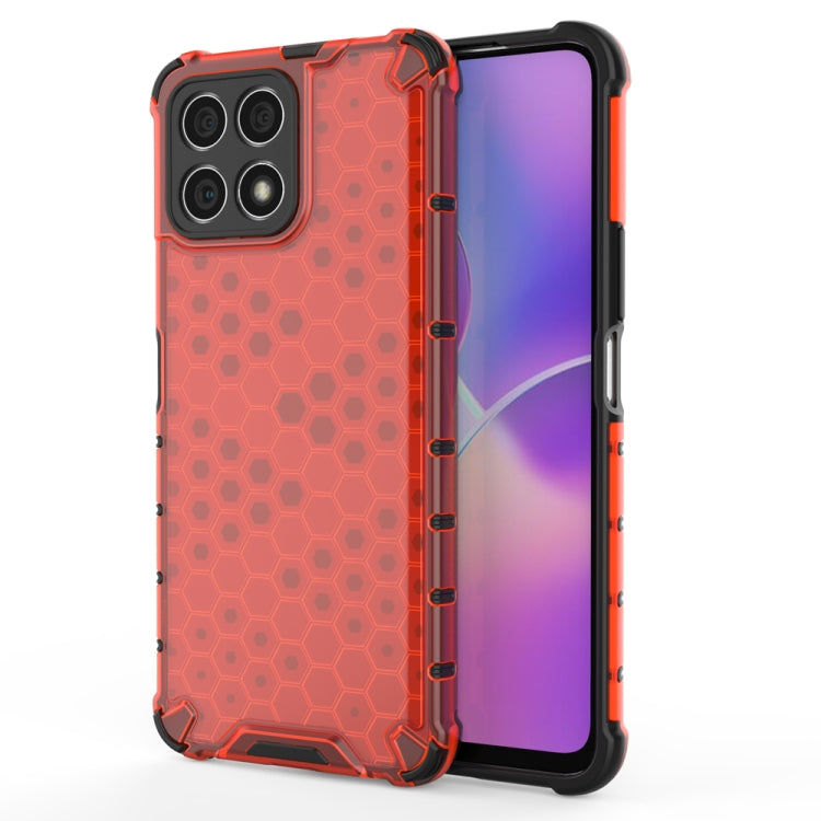 Shockproof honeycomb phone case in red PC+TPU with raised corner protection