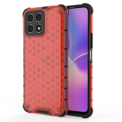 Shockproof honeycomb phone case in red PC+TPU with raised corner protection