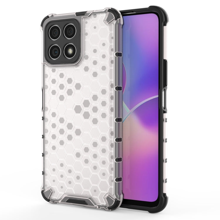 Shockproof honeycomb phone case in white PC+TPU with raised corner protection