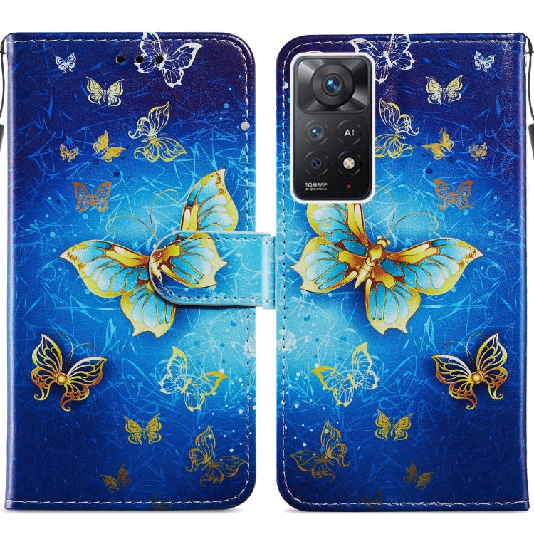 Blue leather flip phone case with butterfly print and camera cutout