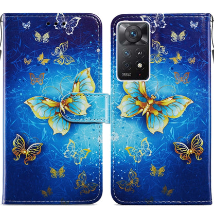 Blue leather flip phone case with butterfly print and camera cutout
