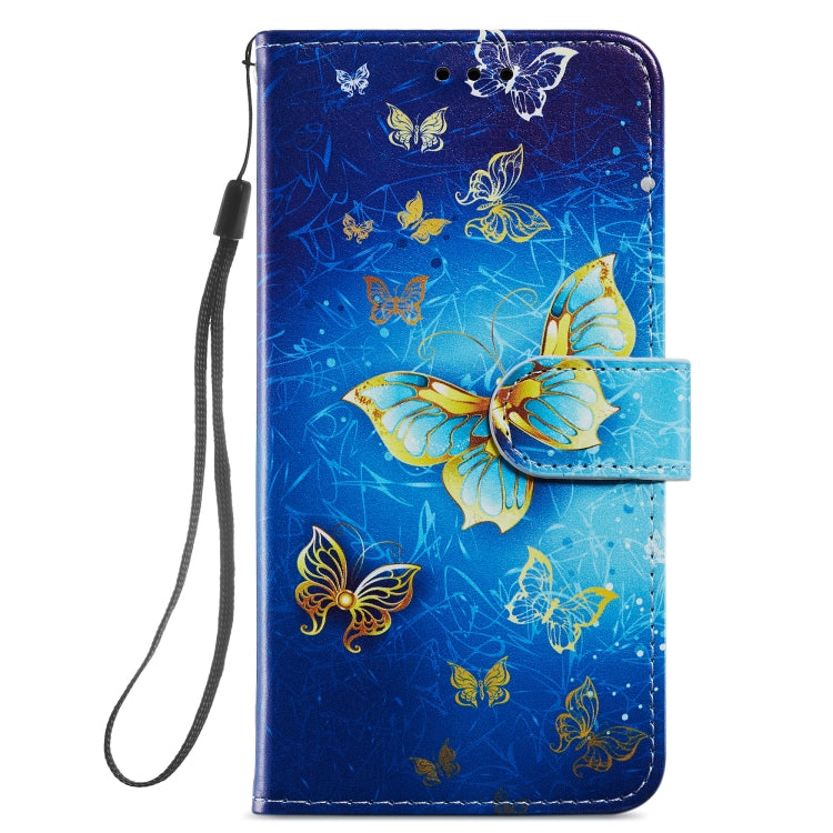 Blue leather wallet phone case with butterfly print and attached wrist lanyard