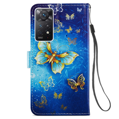 Blue butterfly patterned leather phone case with camera cutout and hanging strap