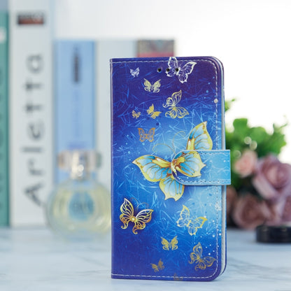 Blue leather wallet phone case with butterfly print and center buckle strap