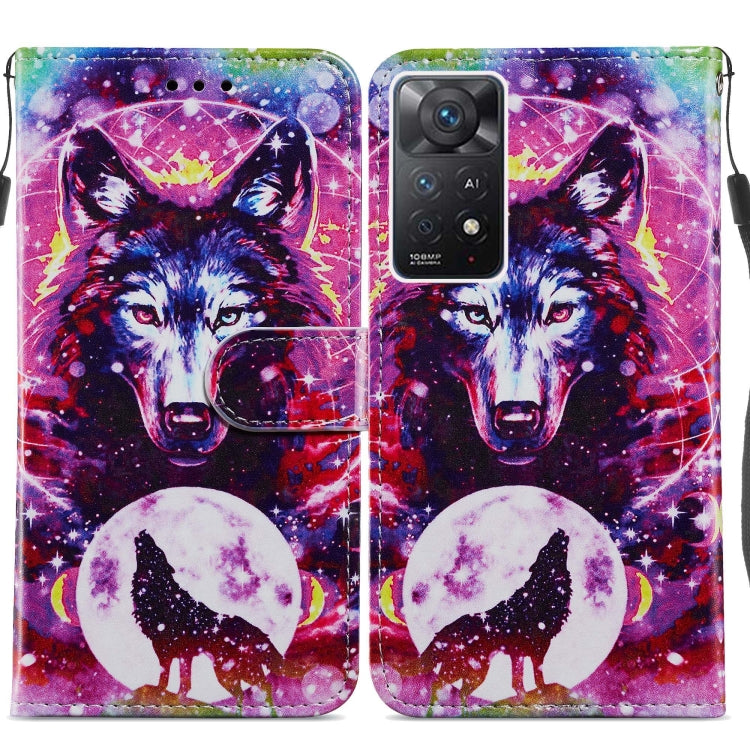 Purple space wolf patterned leather flip phone case with camera cutout