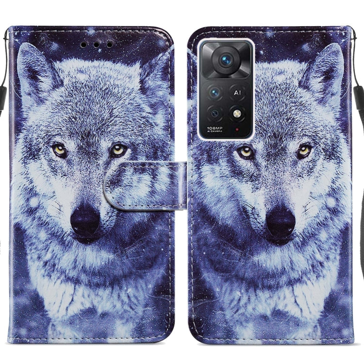 Blue and white wolf head leather flip phone case with camera cutout