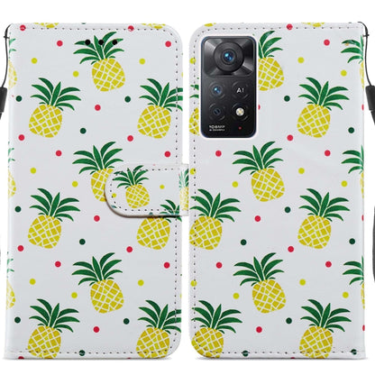 White leather flip phone case with pineapple pattern and camera cutout
